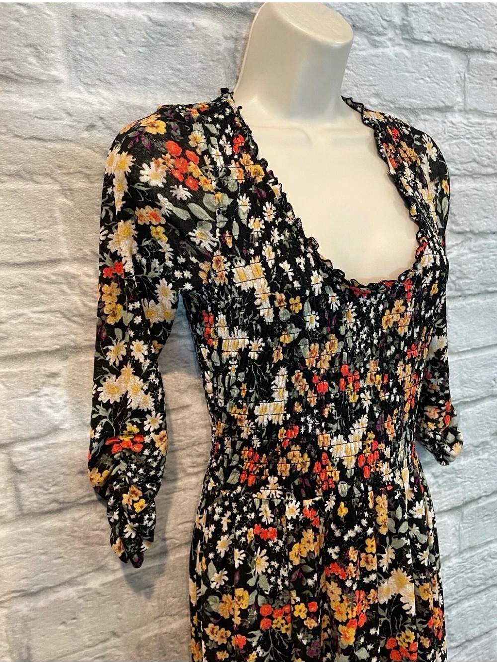 Maeve Black Floral Smocked Midi Dress with Puff Sleeves